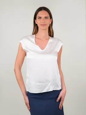 BLUSA CON SCOLLO A V E MANICA CORTA IN RASO BIANCA