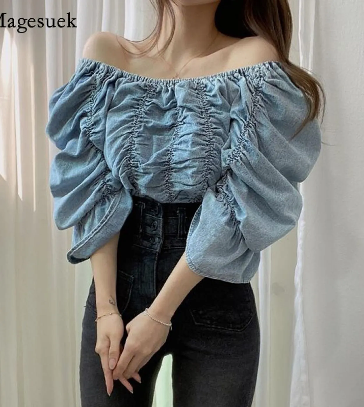 Estate Denim Donna Top Slash Neck Offshoulder Camicetta blu Donna manica corta Chic Camicia ampia pieghettata 14520 Donna B