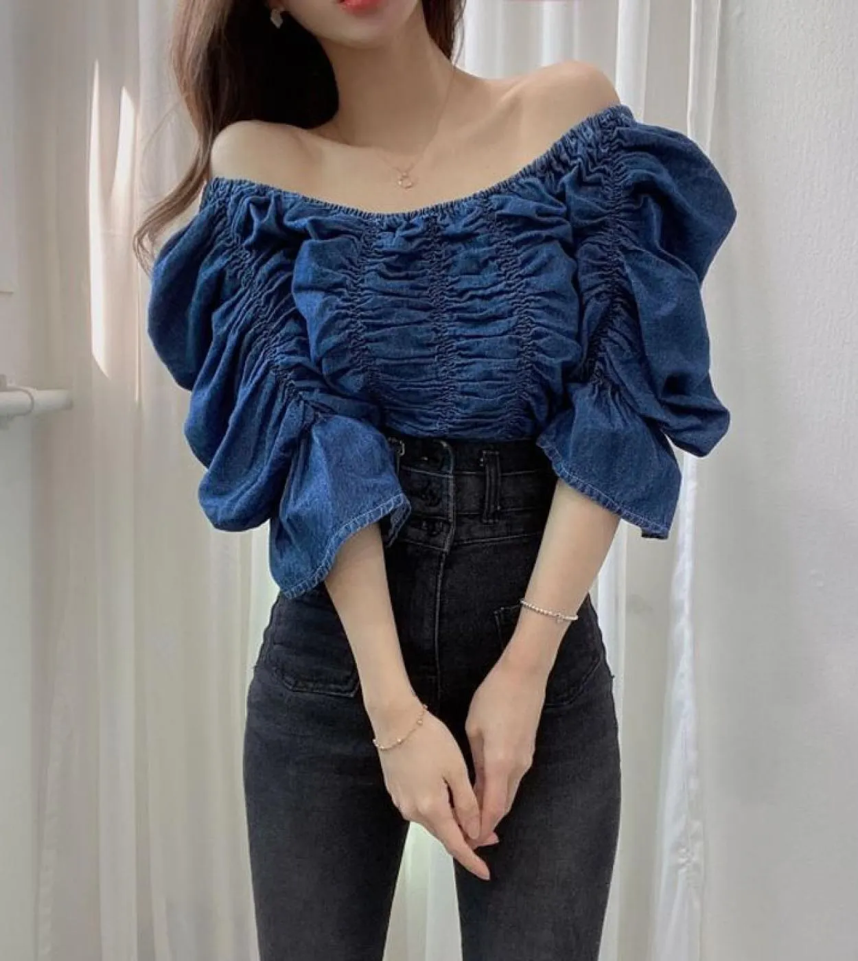 Estate Denim Donna Top Slash Neck Offshoulder Camicetta blu Donna manica corta Chic Camicia ampia pieghettata 14520 Donna B