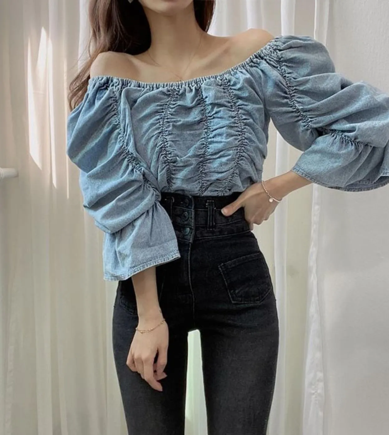 Estate Denim Donna Top Slash Neck Offshoulder Camicetta blu Donna manica corta Chic Camicia ampia pieghettata 14520 Donna B