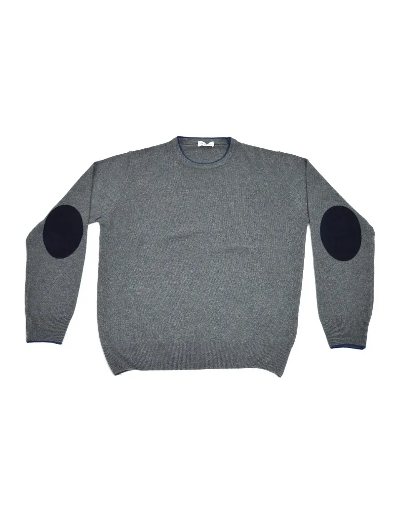 OFFICINA TESSILE maglia uomo girocollo in misto cashmere grigio con toppe blu made in italy cashmere