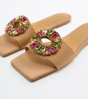 Pantofole piatte da donna Sandali con punta quadrata con strass Scarpe da spiaggia da donna eleganti estive allaperto Designer