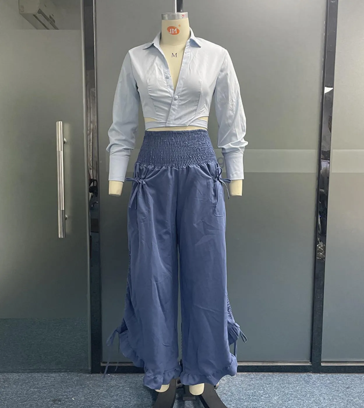 Wefads Camicia da donna a due pezzi con scollo a V Camicia a maniche lunghe con risvolto solido con bottoni Top Pantaloni larghi