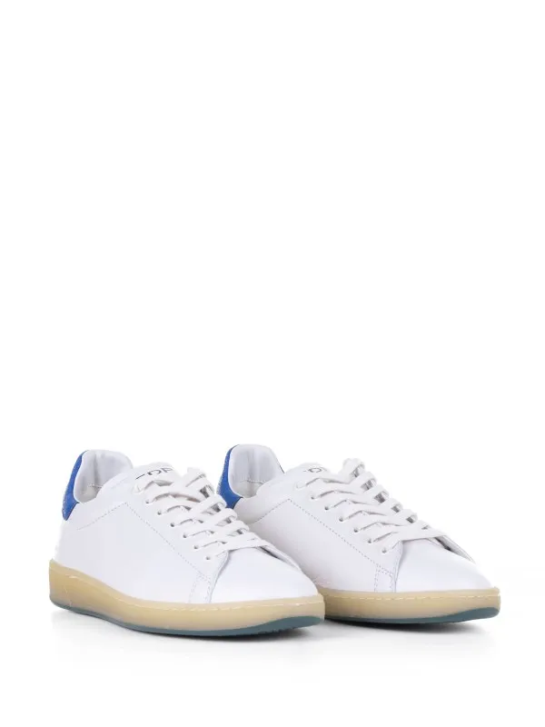 White leather sneaker and blue heel