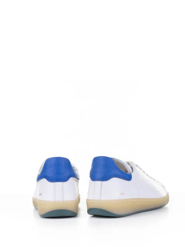 White leather sneaker and blue heel