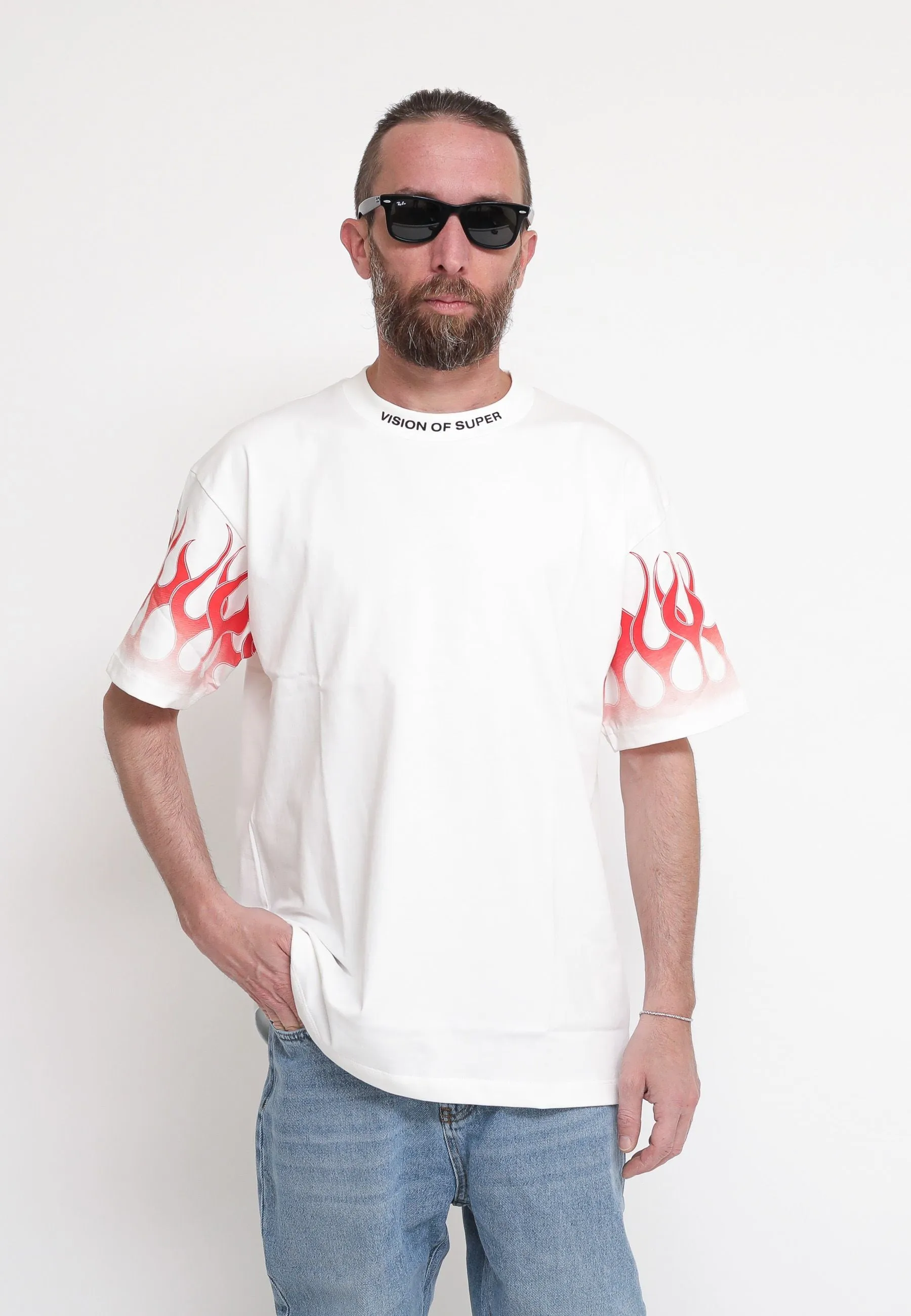 White T-Shirt Whit Red Flames