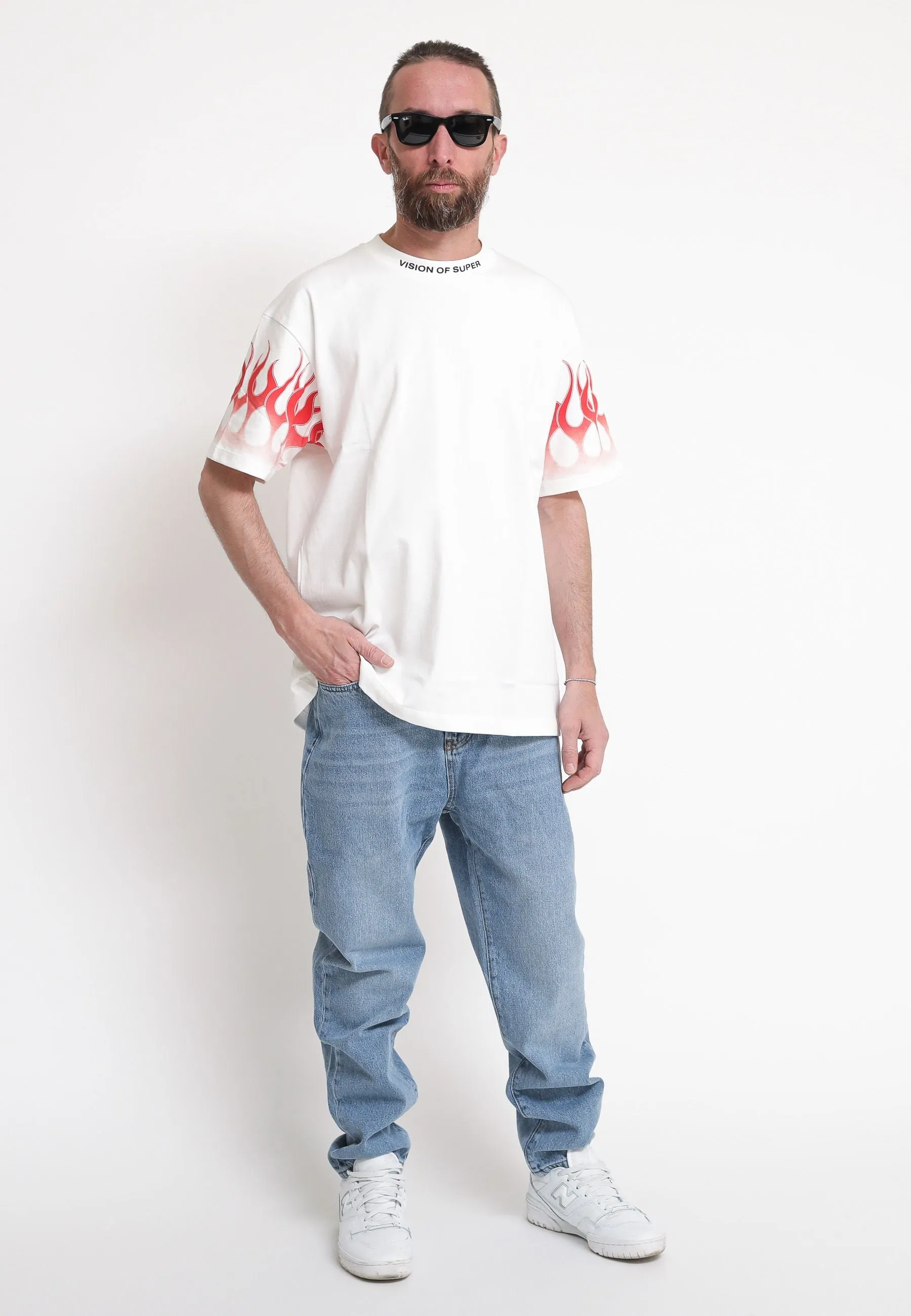 White T-Shirt Whit Red Flames