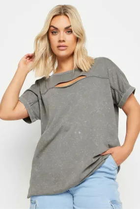 Yours Curve - T-shirt con cut-out lavaggio acido